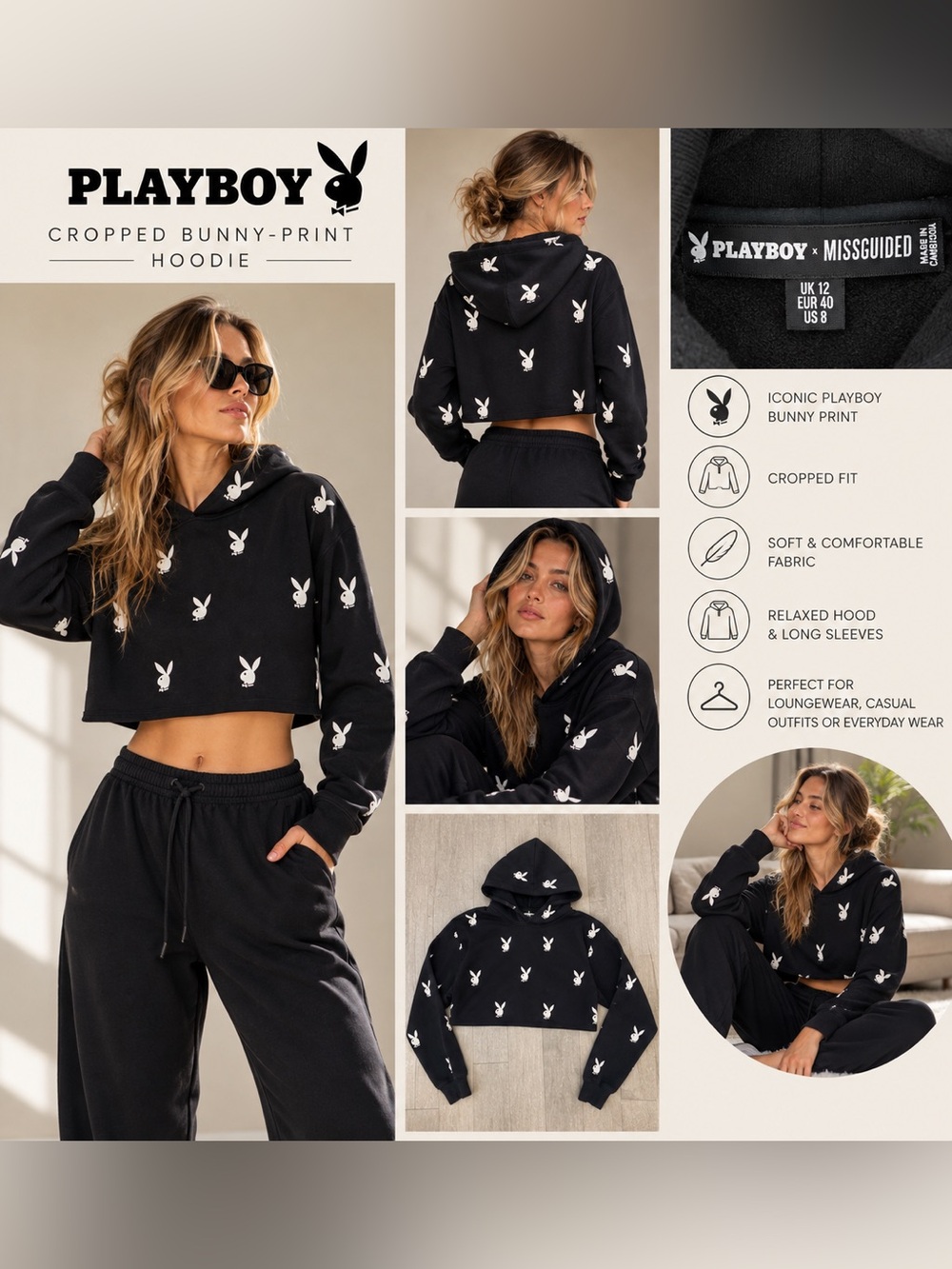 PLAYBOY Black Cropped Bunny-Print Hoodie